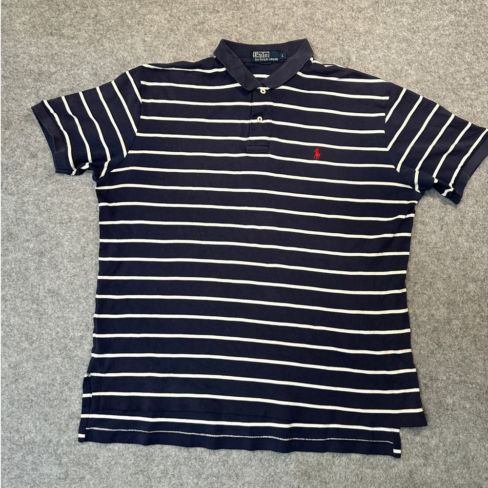 Polo Ralph Lauren Striped Polo Shirt Large Navy Blue Cotton Short Sleeve